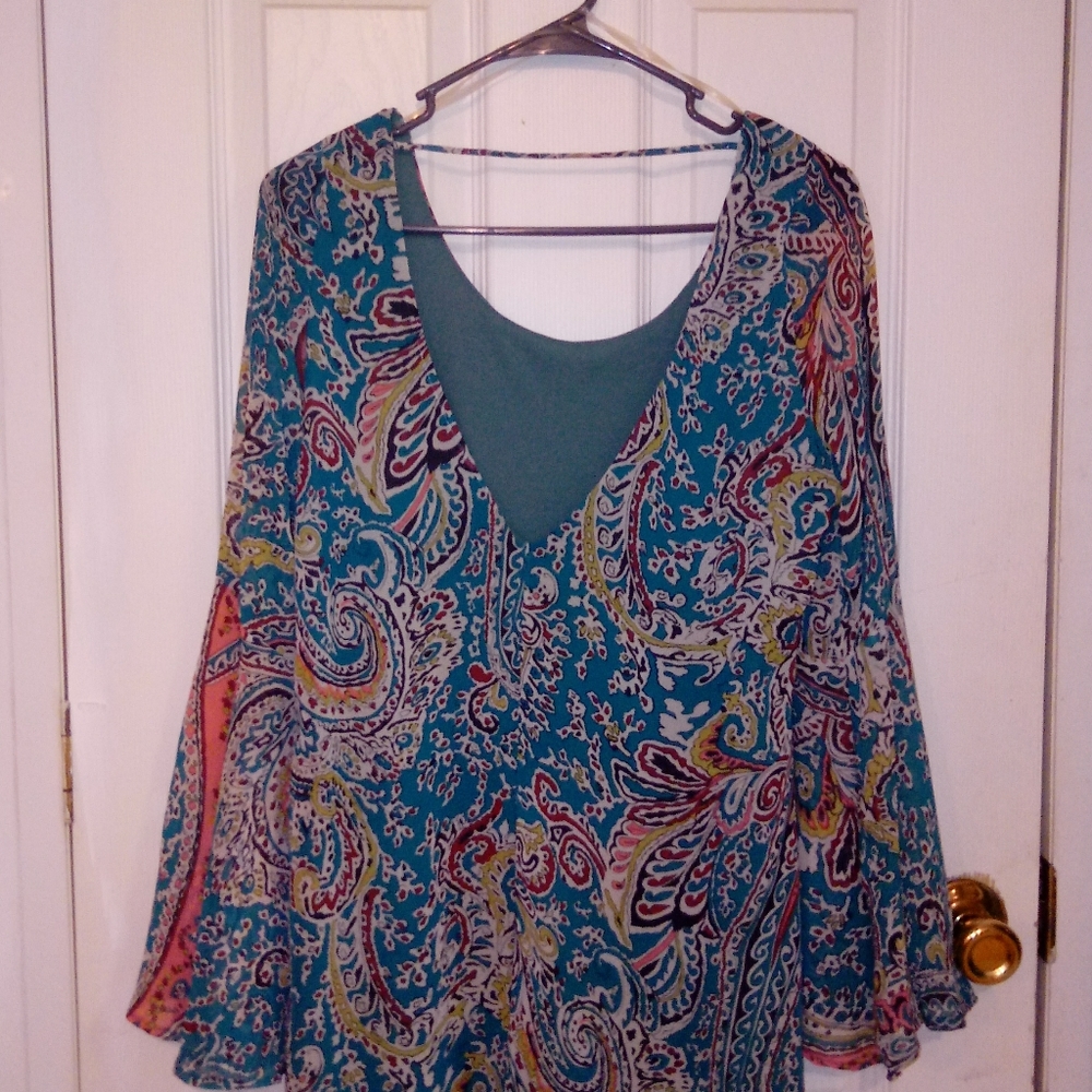 Turquoise blue paisley bell sleeve shift dress - Picture 6 of 8